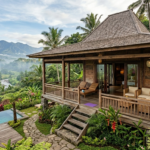 Villa rumah kayu tropis modern dengan kolam renang dan pemandangan pegunungan hijau alami.