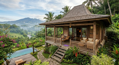 Villa rumah kayu tropis modern dengan kolam renang dan pemandangan pegunungan hijau alami.