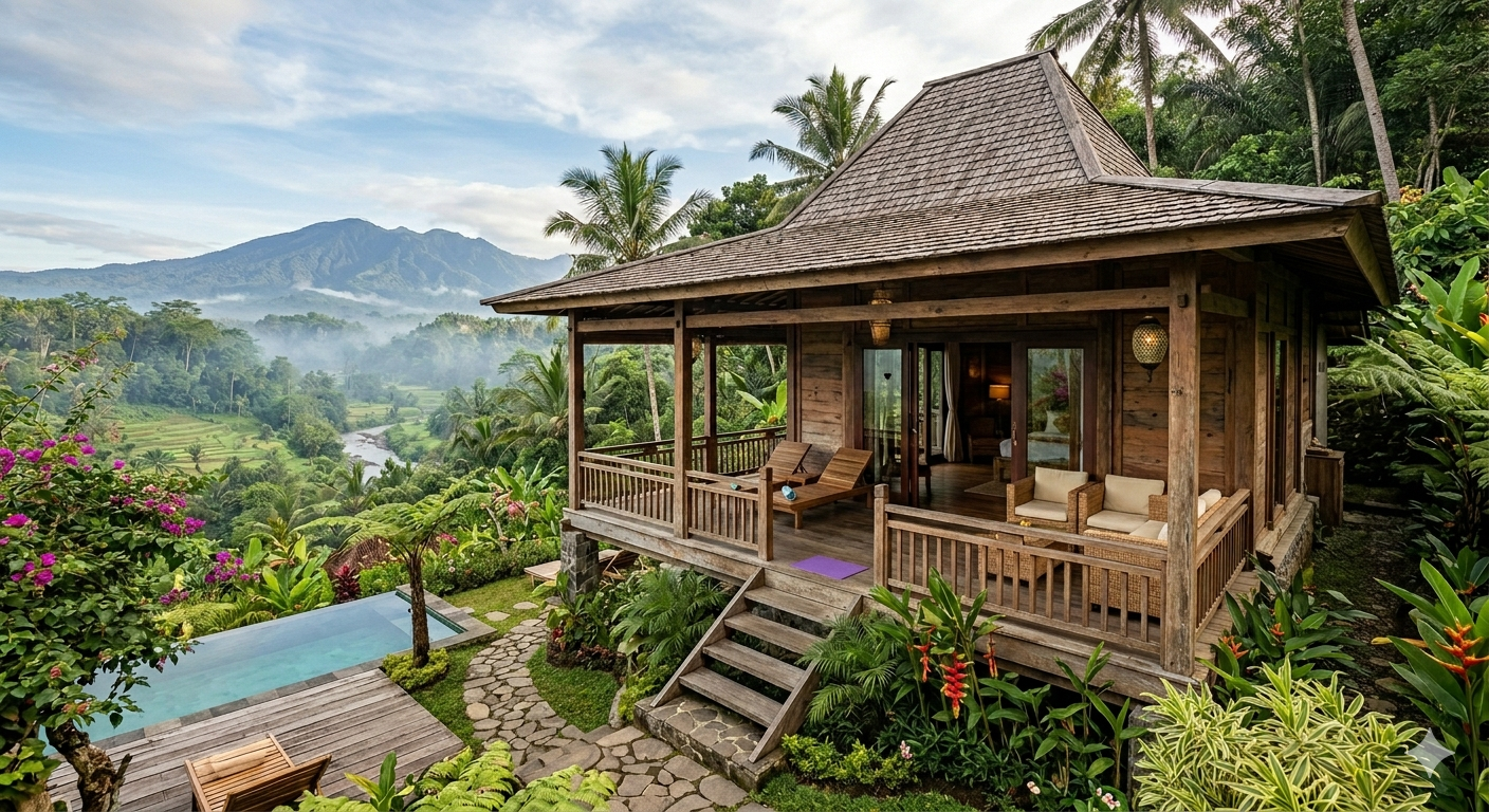 Villa rumah kayu tropis modern dengan kolam renang dan pemandangan pegunungan hijau alami.